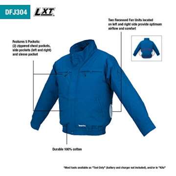 Makita DFJ304ZL 18V LXT® Lithium-Ion Cordless Cotton Fan Jacket, Jacket Only (L)