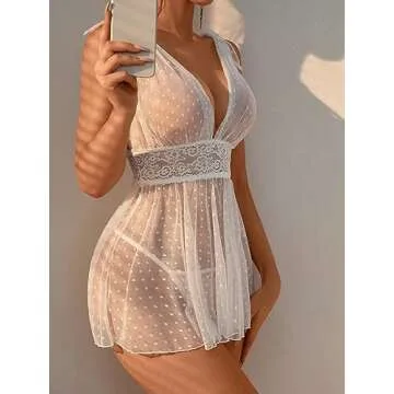 OYOANGLE Women's Lace Sheer V Neck Babydoll Lingerie Set