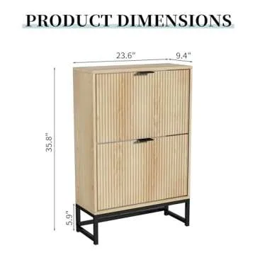 JEJEGORICH Shoe Storage Cabinet with 2 Flip Drawers Modern Fluted Shoe Rack with Metal Legs Wooden F...