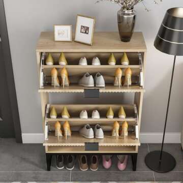 JEJEGORICH Shoe Storage Cabinet with 2 Flip Drawers Modern Fluted Shoe Rack with Metal Legs Wooden Freestanding Shoe Cabinet Organizer for Entryway Hallway, 35.8" H