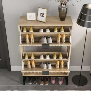 JEJEGORICH Shoe Storage Cabinet with 2 Flip Drawers Modern Fluted Shoe Rack with Metal Legs Wooden Freestanding Shoe Cabinet Organizer for Entryway Hallway, 35.8" H