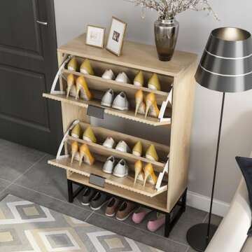 JEJEGORICH Shoe Storage Cabinet with 2 Flip Drawers Modern Fluted Shoe Rack with Metal Legs Wooden Freestanding Shoe Cabinet Organizer for Entryway Hallway, 35.8" H