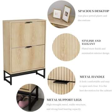 JEJEGORICH Shoe Storage Cabinet with 2 Flip Drawers Modern Fluted Shoe Rack with Metal Legs Wooden Freestanding Shoe Cabinet Organizer for Entryway Hallway, 35.8" H