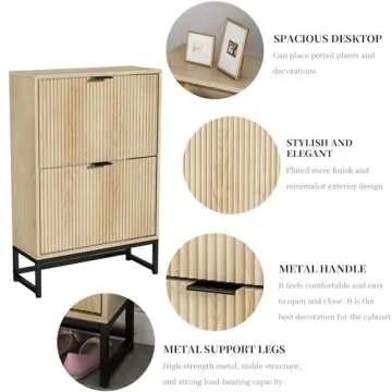 JEJEGORICH Shoe Storage Cabinet with 2 Flip Drawers Modern Fluted Shoe Rack with Metal Legs Wooden Freestanding Shoe Cabinet Organizer for Entryway Hallway, 35.8" H