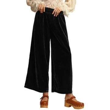 ICOBID Women's Velvet Pants High Elastic Waist Wide Leg Long Pants Casual Lounge Palazzo Pant Vintag...