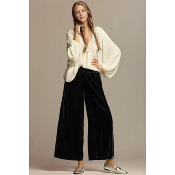 ICOBID Women's Velvet Pants High Elastic Waist Wide Leg Long Pants Casual Lounge Palazzo Pant Vintage Loose Fit Trouser Black