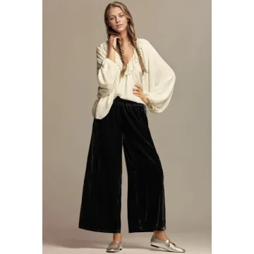 ICOBID Women's Velvet Pants High Elastic Waist Wide Leg Long Pants Casual Lounge Palazzo Pant Vintage Loose Fit Trouser Black