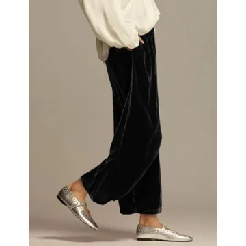 ICOBID Women's Velvet Pants High Elastic Waist Wide Leg Long Pants Casual Lounge Palazzo Pant Vintage Loose Fit Trouser Black