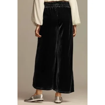 ICOBID Women's Velvet Pants High Elastic Waist Wide Leg Long Pants Casual Lounge Palazzo Pant Vintage Loose Fit Trouser Black