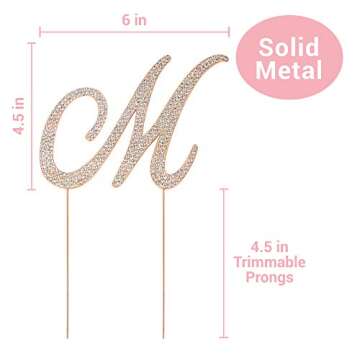 Letter M Cake Topper - Premium Rose Gold Metal - M Monogram Wedding or Anniversary Party Sparkly Rhinestone Initial Decoration Makes a Great Centerpiece - Now Protected in a Box