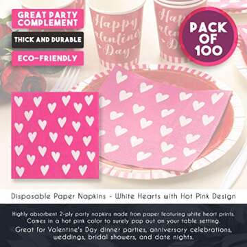 100 Pack Valentine's Day Napkins - Pink Heart Paper Napkins for Wedding, Anniversary, Birthday, 6.5 inch Dinner Cocktail Napkins for Party Supplies
