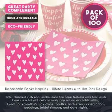 100 Pack Valentine's Day Napkins - Pink Heart Paper Napkins for Wedding, Anniversary, Birthday, 6.5 inch Dinner Cocktail Napkins for Party Supplies