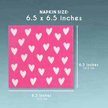 100 Pack Valentine's Day Napkins - Pink Heart Paper Napkins for Wedding, Anniversary, Birthday, 6.5 inch Dinner Cocktail Napkins for Party Supplies