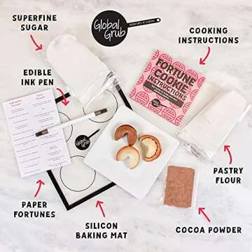 Global Grub DIY Fortune Cookie Kit | Makes 48 | Includes Flour, Sugar, Cocoa Powder, Baking Mat, Paper Fortunes, Edible Ink Pen, Detailed Instructions