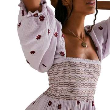 Argeousgor Women 2023 Bohemian Floral Dress Square Neck Tiered Flowy Long Dress Embroidered Swing Pa...