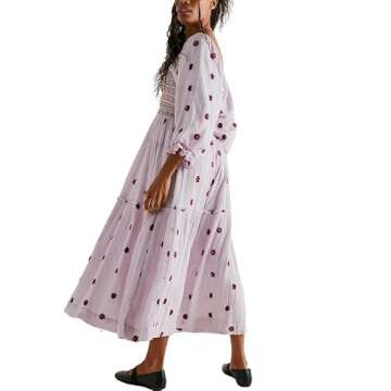 Argeousgor Women 2023 Bohemian Floral Dress Square Neck Tiered Flowy Long Dress Embroidered Swing Party Maxi Dress(Square Neck Purple,S)