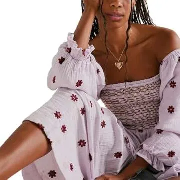 Argeousgor Women 2023 Bohemian Floral Dress Square Neck Tiered Flowy Long Dress Embroidered Swing Party Maxi Dress(Square Neck Purple,S)