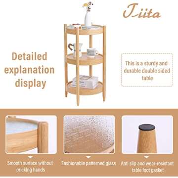 Tiita Round End Table, Round Coffee Table, 3-Tier Modern Side Table, Small Bamboo Living Room Side Table, Glass Sofa End Table for Balcony and Office Outdoor/Indoor (Begonia)