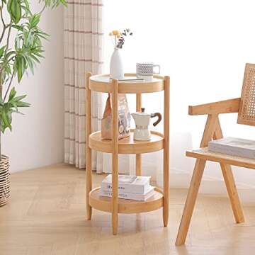 Tiita Round End Table, Round Coffee Table, 3-Tier Modern Side Table, Small Bamboo Living Room Side Table, Glass Sofa End Table for Balcony and Office Outdoor/Indoor (Begonia)