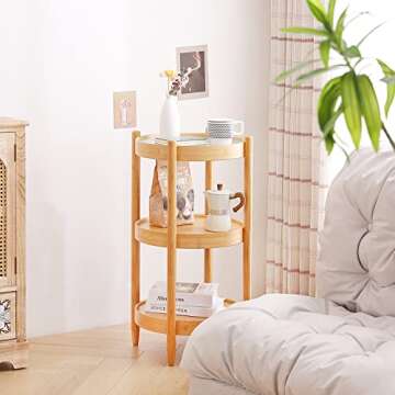 Tiita Round End Table, Round Coffee Table, 3-Tier Modern Side Table, Small Bamboo Living Room Side Table, Glass Sofa End Table for Balcony and Office Outdoor/Indoor (Begonia)