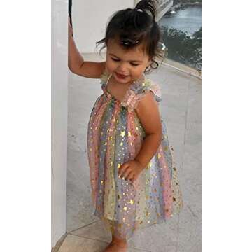 Toddler Baby Girl Sequins Dress Sleeveless Rainbow Stars Print Mesh Tulle Dress Summer Layered Princ...