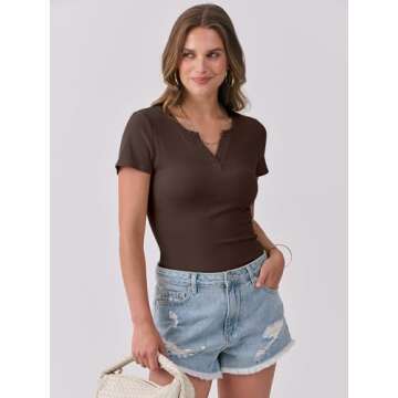 ANRABESS Women Short Sleeve Tops V Neck Rib Knit Slim Fit Shirts Basic Tee 2025 Summer Casual T-Shirt Outfits Clothes Coffee L