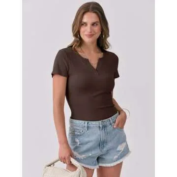 ANRABESS Women Short Sleeve Tops V Neck Rib Knit Slim Fit Shirts Basic Tee 2025 Summer Casual T-Shirt Outfits Clothes Coffee L