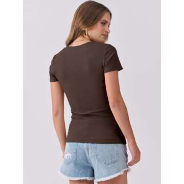 ANRABESS Women Short Sleeve Tops V Neck Rib Knit Slim Fit Shirts Basic Tee 2025 Summer Casual T-Shirt Outfits Clothes Coffee L