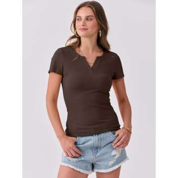 ANRABESS Women Short Sleeve Tops V Neck Rib Knit Slim Fit Shirts Basic Tee 2025 Summer Casual T-Shirt Outfits Clothes Coffee L