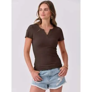 ANRABESS Women Short Sleeve Tops V Neck Rib Knit Slim Fit Shirts Basic Tee 2025 Summer Casual T-Shirt Outfits Clothes Coffee L