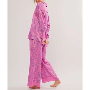 Fenghualzzniya Women Satin Pajama Set Floral Silk Pajamas 2 Piece Lounge Sets Button Down Shirts Wide Leg Pants Pjs Sleepwear, Rosered, Small