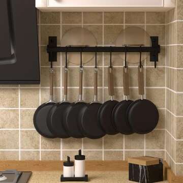 Dseap Kitchen Utensil Holder Hanger, Pot and Pan Rack wall mounted, Kitchen Rail with 8 Hooks for Ha...