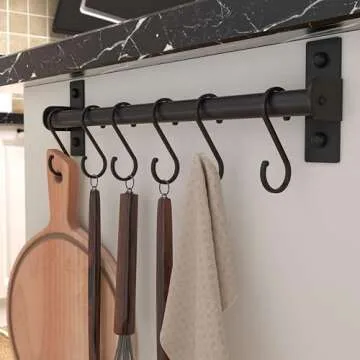 Dseap Kitchen Utensil Holder Hanger, Pot and Pan Rack wall mounted, Kitchen Rail with 8 Hooks for Hanging Cooking Utensils, Mugs, Spoons, Wall Mounted, Black, Pack of 2