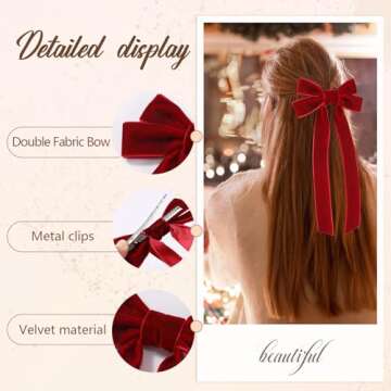6PCS Velvet Hair Bows, Bow Hair Clips with Long Tail, Red Hair Bows for Women Girls Toddler, Cute Hair Ribbon Barrette Ponytail Holder Alligator Clips Accessories