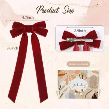 6PCS Velvet Hair Bows, Bow Hair Clips with Long Tail, Red Hair Bows for Women Girls Toddler, Cute Hair Ribbon Barrette Ponytail Holder Alligator Clips Accessories