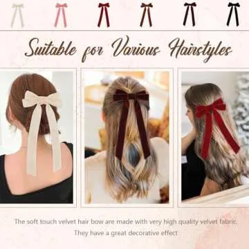 6PCS Velvet Hair Bows, Bow Hair Clips with Long Tail, Red Hair Bows for Women Girls Toddler, Cute Hair Ribbon Barrette Ponytail Holder Alligator Clips Accessories