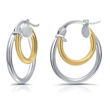 Stylish Hoops & Loops Yellow Gold Flash Sterling Silver Double Circle Earrings