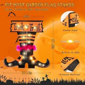 Qunlight Halloween Trick Or Treat Graden Flag lights without flag pole, Double Sided Witch Feet Flag Banner 17.1*17.2Inch ,16 Warm White LED with 8modes Solar Panel, Decorations for Outdoor,Yard ,Home