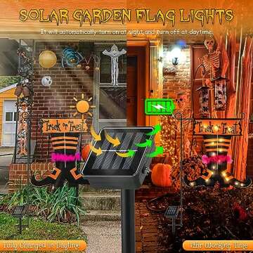 Qunlight Halloween Trick Or Treat Graden Flag lights without flag pole, Double Sided Witch Feet Flag Banner 17.1*17.2Inch ,16 Warm White LED with 8modes Solar Panel, Decorations for Outdoor,Yard ,Home
