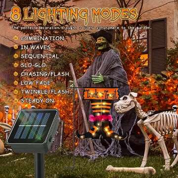 Qunlight Halloween Trick Or Treat Graden Flag lights without flag pole, Double Sided Witch Feet Flag Banner 17.1*17.2Inch ,16 Warm White LED with 8modes Solar Panel, Decorations for Outdoor,Yard ,Home