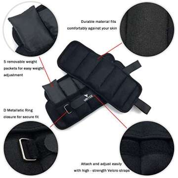 Virtee Adjustable Ankle Weights for Women Men Kids, Wrist Weight Set 1-5 lbs (1 Pair) with Removable Weight for Jogging, Walking, Gymnastic, Workout, 0.5-2.5 lbs Each Pack, 2 Pack