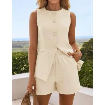 ZESICA Women's 2025 Summer 2 Piece Short Sets Sleeveless Crew Neck Suit Vest Tops High Waist Shorts Business Outfits,Apricot,Small