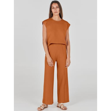 ANRABESS Women 2 Piece Outfits Casual Summer Sleeveless Tops Knit Pants Sweater Lounge Matching Sets 2025 Trendy Clothes Rust Medium