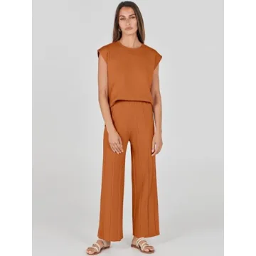 ANRABESS Women 2 Piece Outfits Casual Summer Sleeveless Tops Knit Pants Sweater Lounge Matching Sets 2025 Trendy Clothes Rust Medium