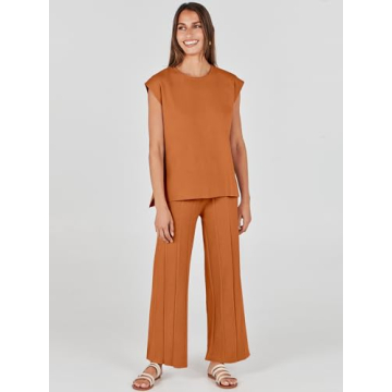 ANRABESS Women 2 Piece Outfits Casual Summer Sleeveless Tops Knit Pants Sweater Lounge Matching Sets 2025 Trendy Clothes Rust Medium
