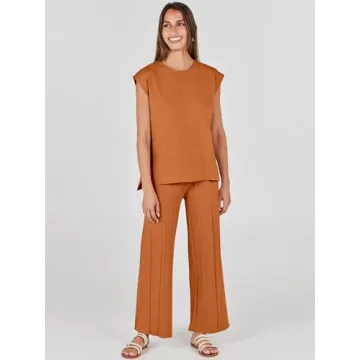 ANRABESS Women 2 Piece Outfits Casual Summer Sleeveless Tops Knit Pants Sweater Lounge Matching Sets 2025 Trendy Clothes Rust Medium