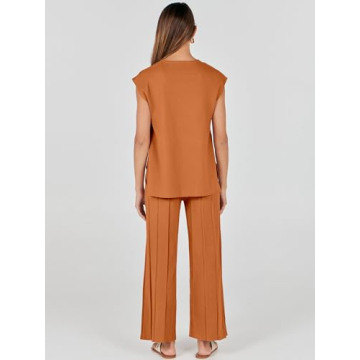 ANRABESS Women 2 Piece Outfits Casual Summer Sleeveless Tops Knit Pants Sweater Lounge Matching Sets 2025 Trendy Clothes Rust Medium