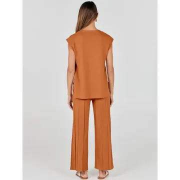 ANRABESS Women 2 Piece Outfits Casual Summer Sleeveless Tops Knit Pants Sweater Lounge Matching Sets 2025 Trendy Clothes Rust Medium