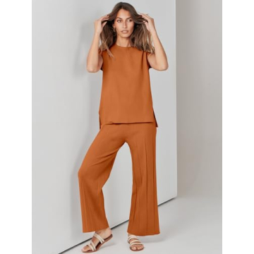 ANRABESS Women 2 Piece Outfits Casual Summer Sleeveless Tops Knit Pants Sweater Lounge Matching Sets 2025 Trendy Clothes Rust Medium