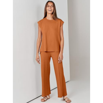 ANRABESS Women 2 Piece Outfits Casual Summer Sleeveless Tops Knit Pants Sweater Lounge Matching Sets 2025 Trendy Clothes Rust Medium